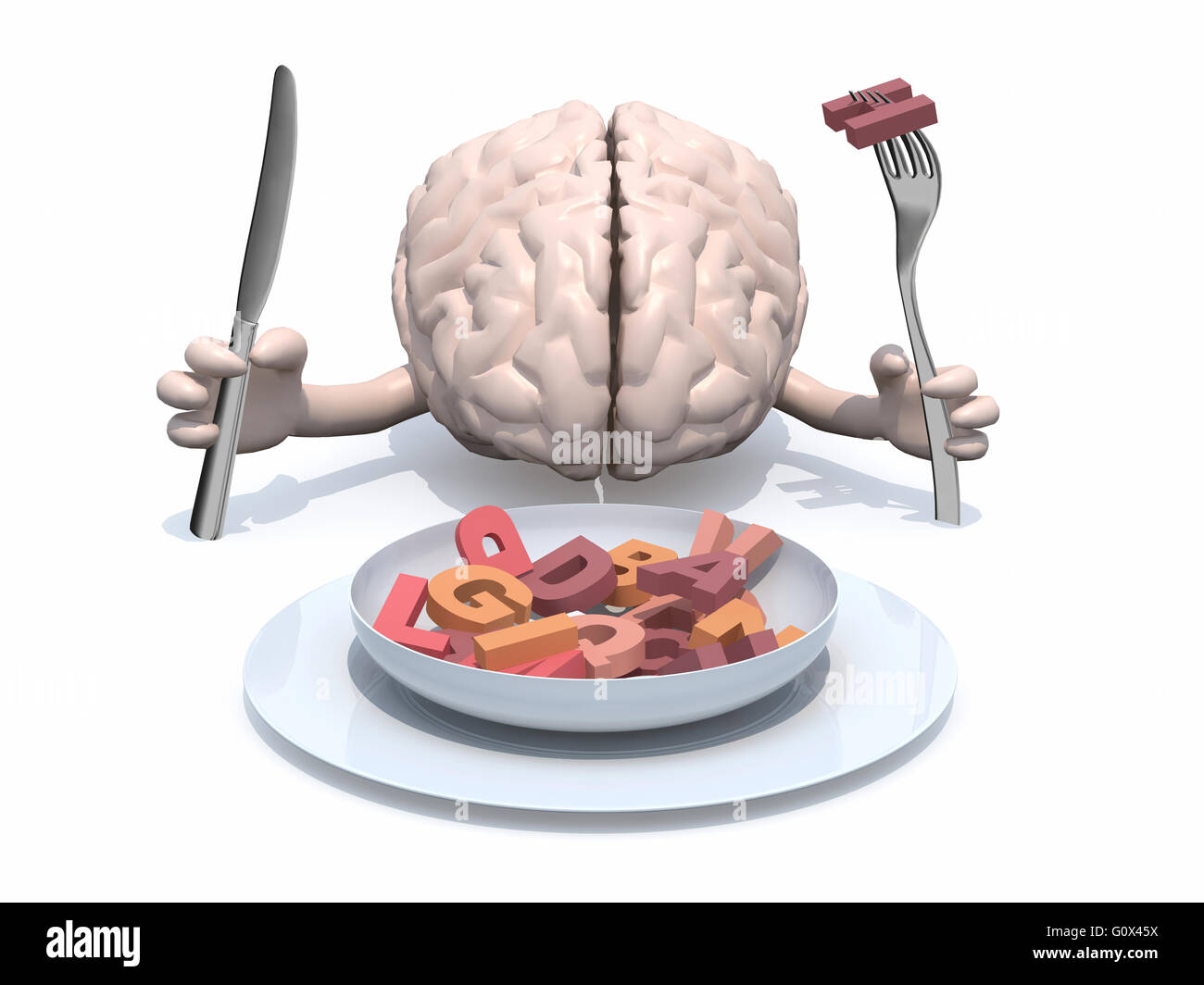 menschlichen Gehirns mit Armen, Gabel und Messer in der hand vor Teller mit vielen 3D-Buchstaben Stockfoto