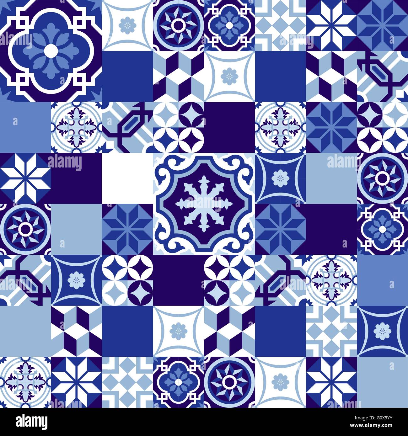 Blaue indigo nahtlose Muster im Patchwork-Stil, traditionelle Keramik Mosaik Fliesen Dekoration. EPS10 Vektor. Stock Vektor