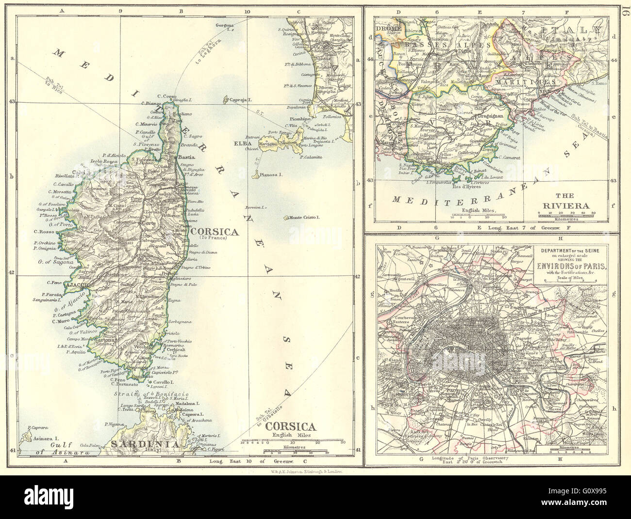 Frankreich: Corsica; Riviera; Dept Seine, erweiterten Raum Paris mit Fort, 1897-Karte Stockfoto