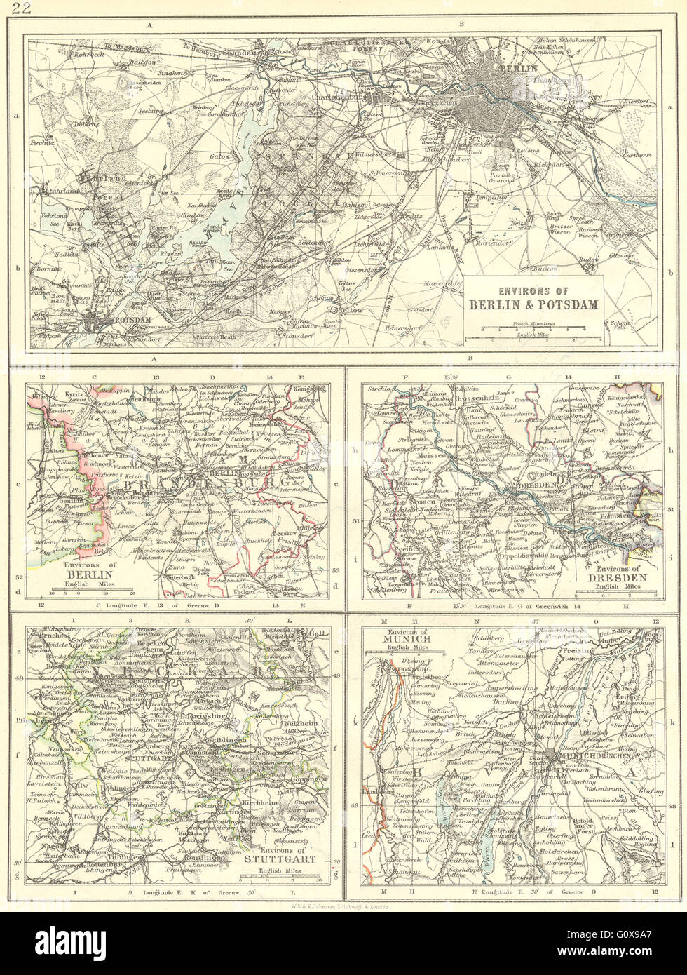Deutschland: Bereich Berlin & Potsdam; Dresden; Stuttgart; München, 1897 alte Karte Stockfoto