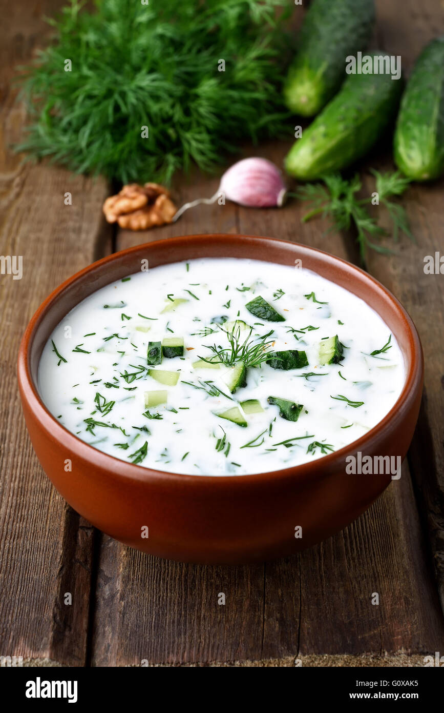 Kalter Sommer Suppe mit Joghurt, Gurke und Walnüsse. Gesunde Ernährung Stockfoto