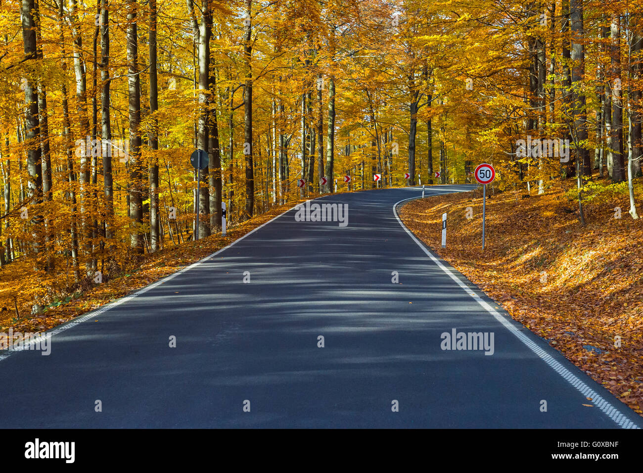 Stadtplanansicht aus einer Scenic Route im Herbst Wald, Spessart, Franken, Bayern, Deutschland Stockfoto