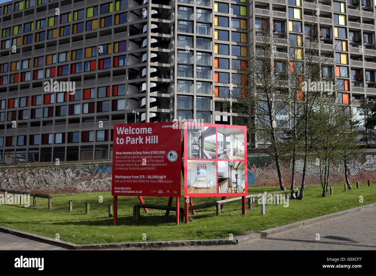 Willkommen im Park Hill Flats Sheffield England. Renovierte Apartments, denkmalgeschütztes II*-Gebäude Stockfoto