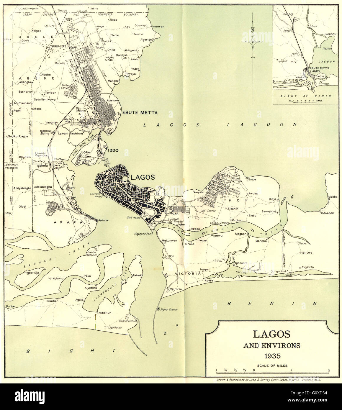 NIGERIA: Lagos und Umgebung 1935, 1936 Vintage Karte Stockfoto