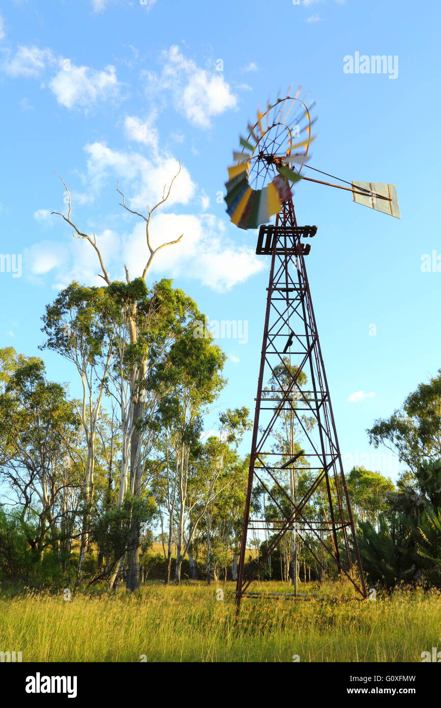 Eine mehrfarbige Windmühle entlang Glencoe 'Glencoe' in der Nähe von Eidsvold, in der Region North Burnett, Queensland, Australien. Stockfoto
