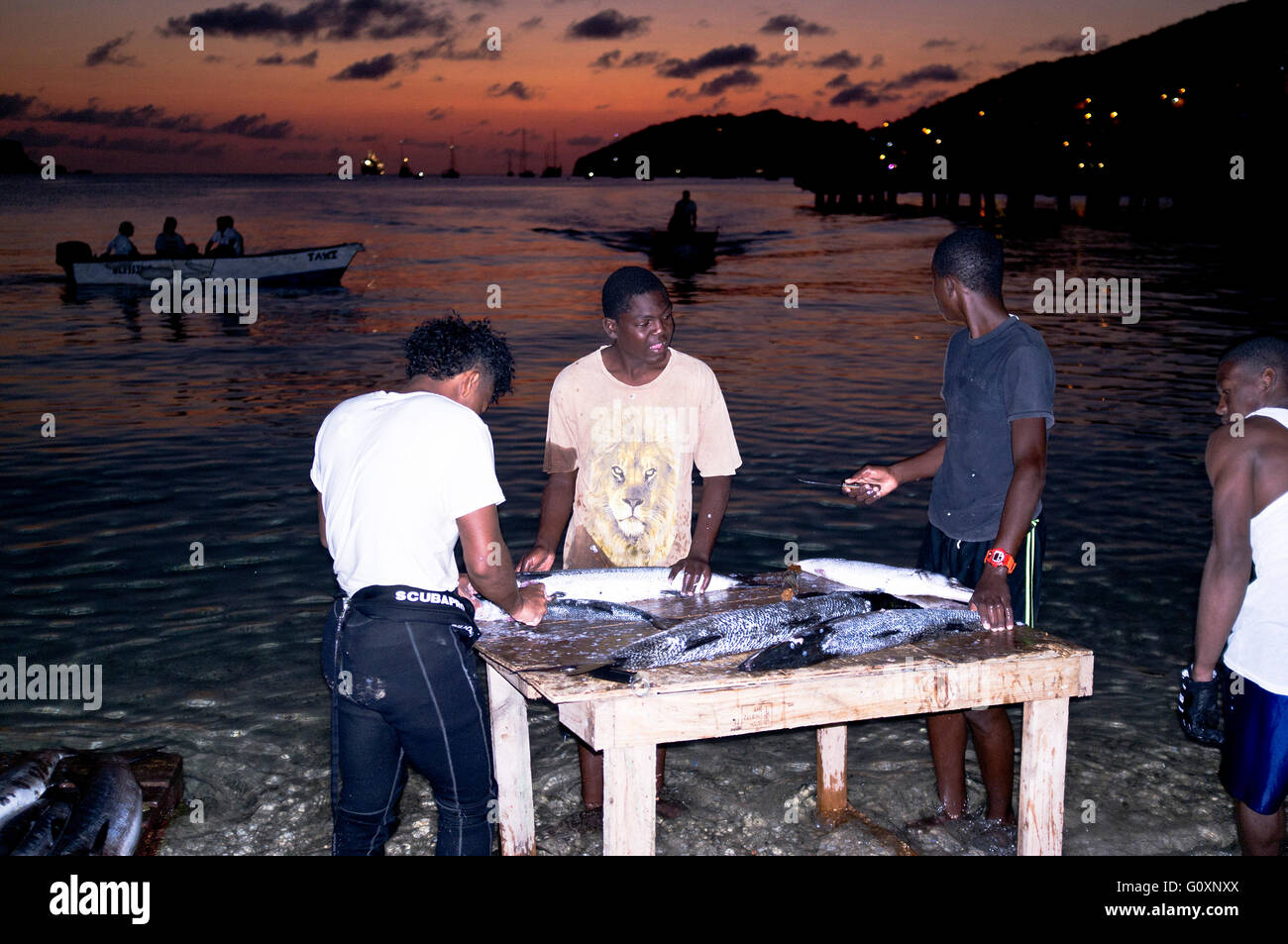 Dh Bequia island St. Vincent KARIBIK Landung Fisch Fischer ausnehmen schneiden Tage Fang Sonnenuntergang Admiralty Bay Strand Stockfoto