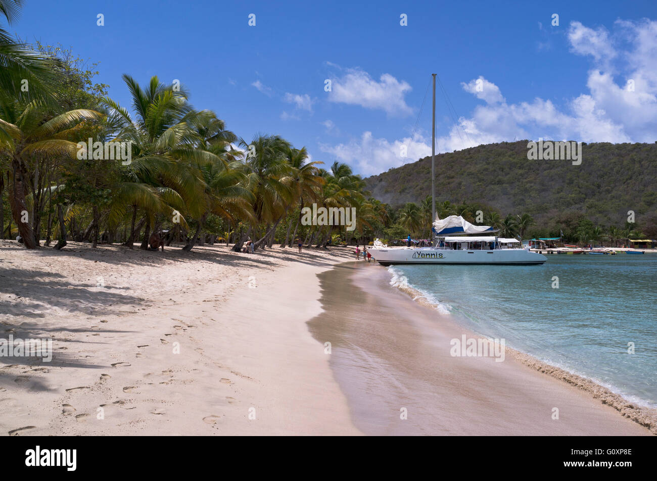 dh Mayreau Island ST VINCENT KARIBIK Saltwhistle Bay Strandpalme Bäume Yacht St. Vincent und Grenadinen Segelboote Stockfoto