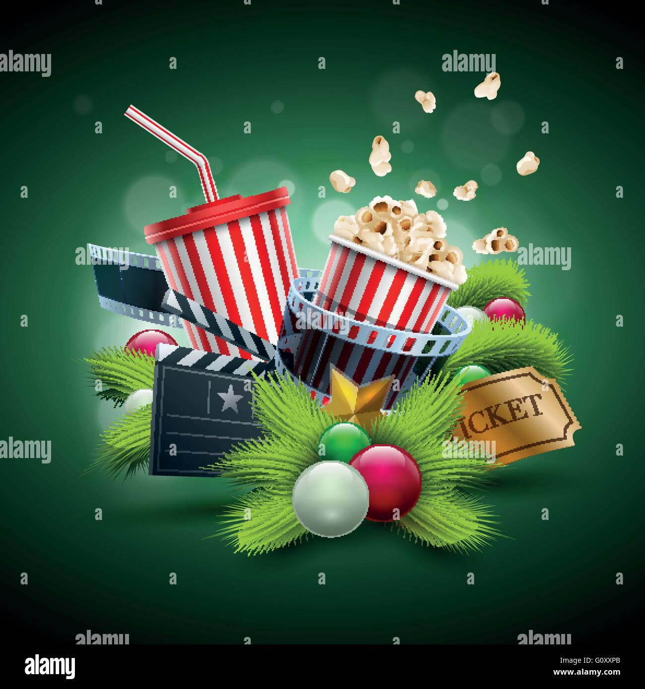 Weihnachtsschmuck, Popcorn-Box; Einweg-Scup für Getränke mit Strohhalm, Filmstreifen und Ticket. Detaillierte Vektor-Illustration. Stock Vektor
