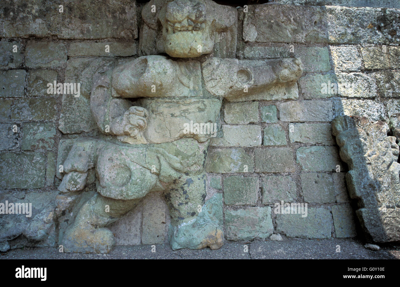 Stein-Bas Relief in Copan Ruinen, eine archäologische Stätte der Maya-Zivilisation in Copan Abteilung, Honduras Stockfoto