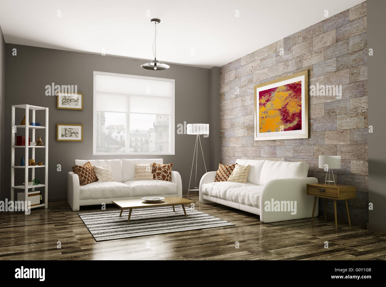 Modernes Wohnzimmer Interior 3D Rendering Stockfoto