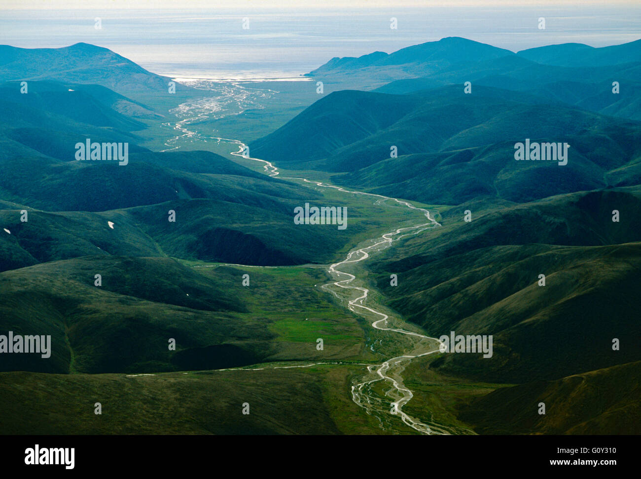 Luftbild des Flusses Entwässerung zur Beringsee zwischen Provideniya & Egvekinot; Sibirien; Chuchki Halbinsel; Russische Föderation Stockfoto