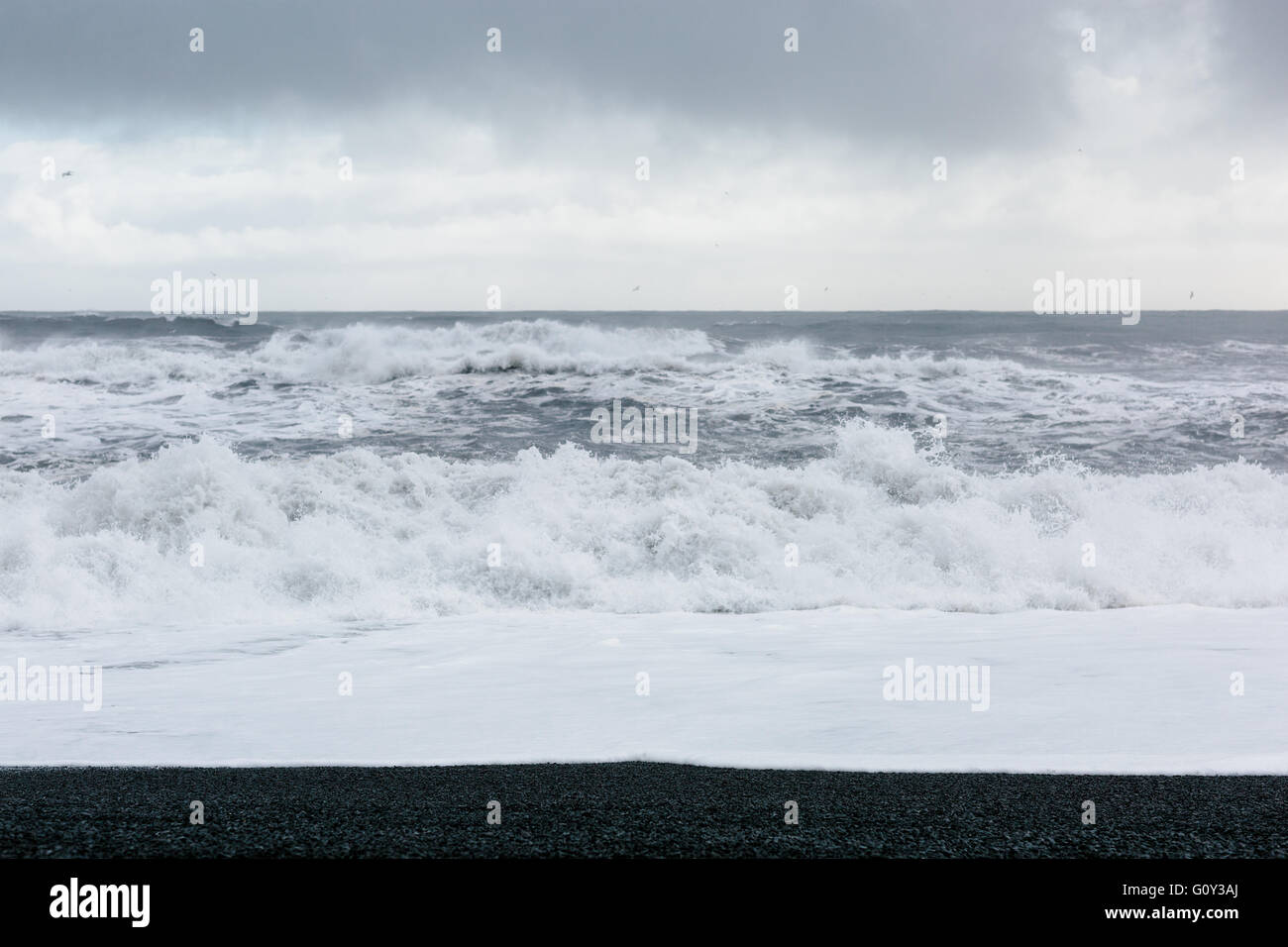 Stürmische Wellen an einem schwarzen Strand in Island Stockfoto
