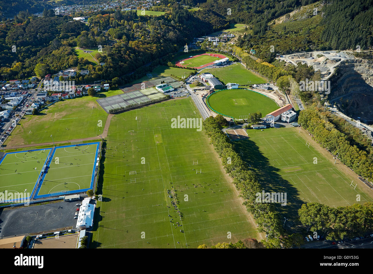 Sportplätze im Logan Park, Dunedin, Otago, Südinsel, Neuseeland - Antenne Stockfoto