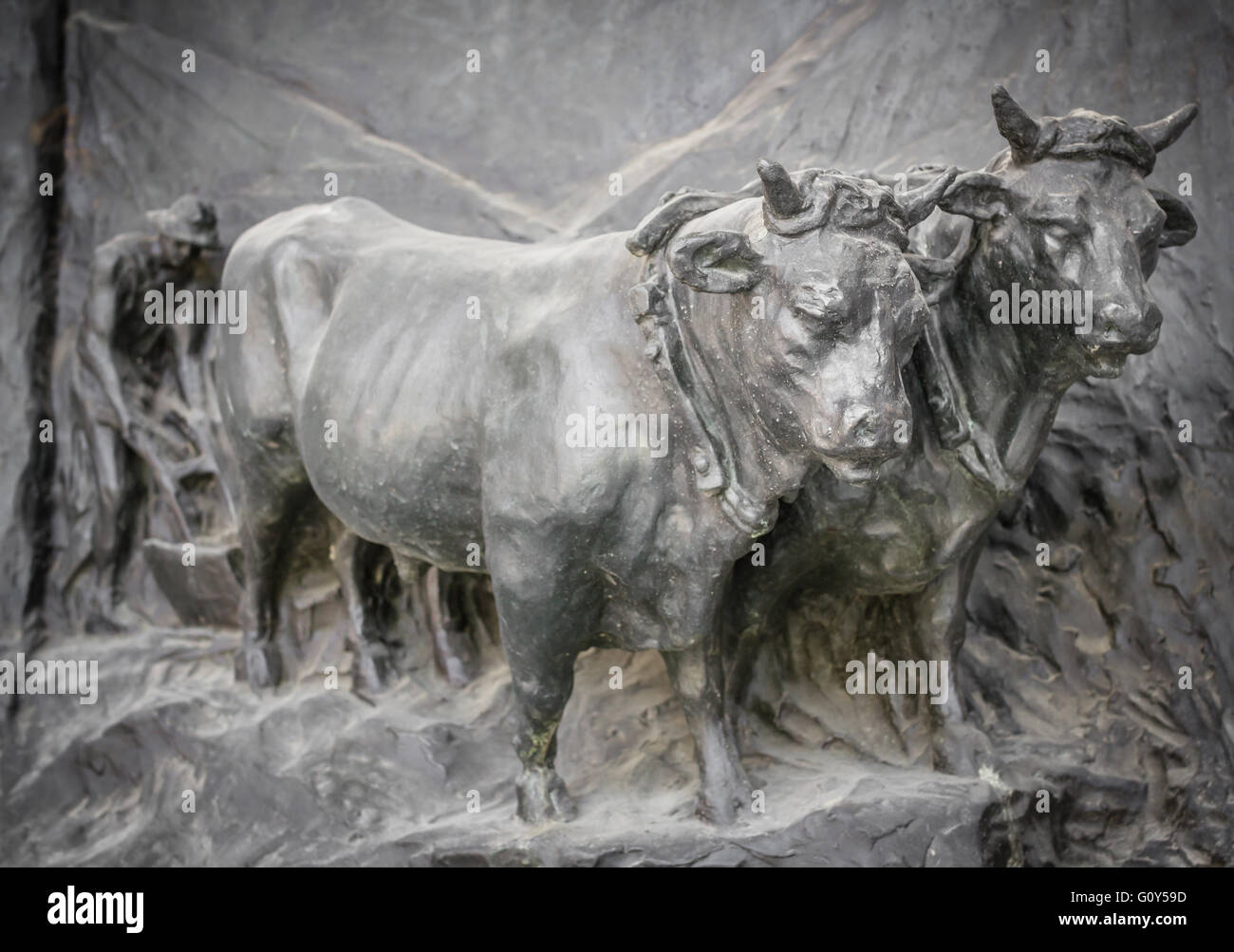 Marmorskulptur eines Bauern mit Kühen, Decipting das Pflügen der Felder. Defokussierten unscharfen Hintergrund. Stockfoto