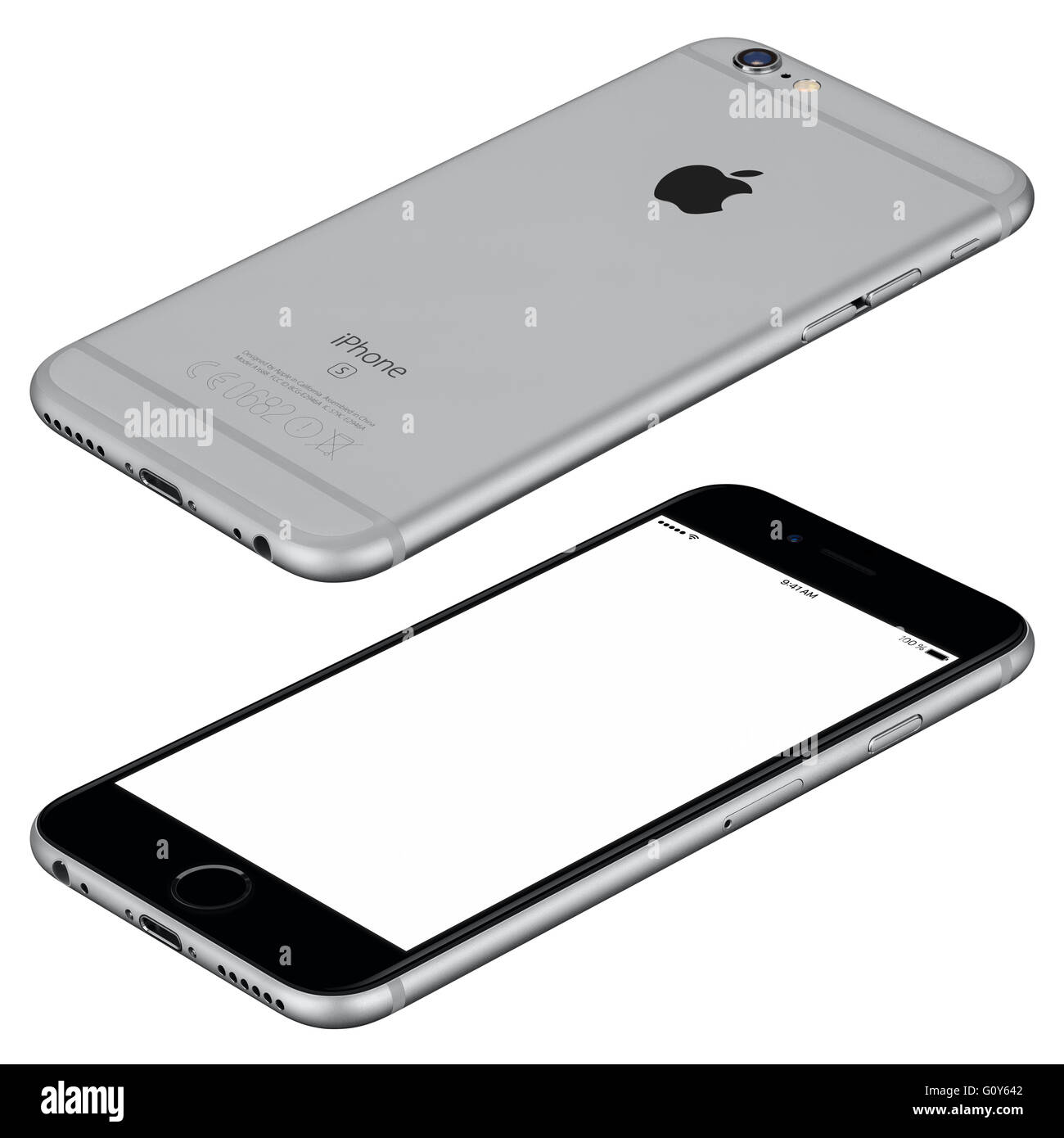 Varna, Bulgarien - 25. Oktober 2015: Space Grau Apple iPhone 6 s Mock-up liegt auf der Oberfläche im Uhrzeigersinn gedreht, mit weißer Bildschirm Stockfoto