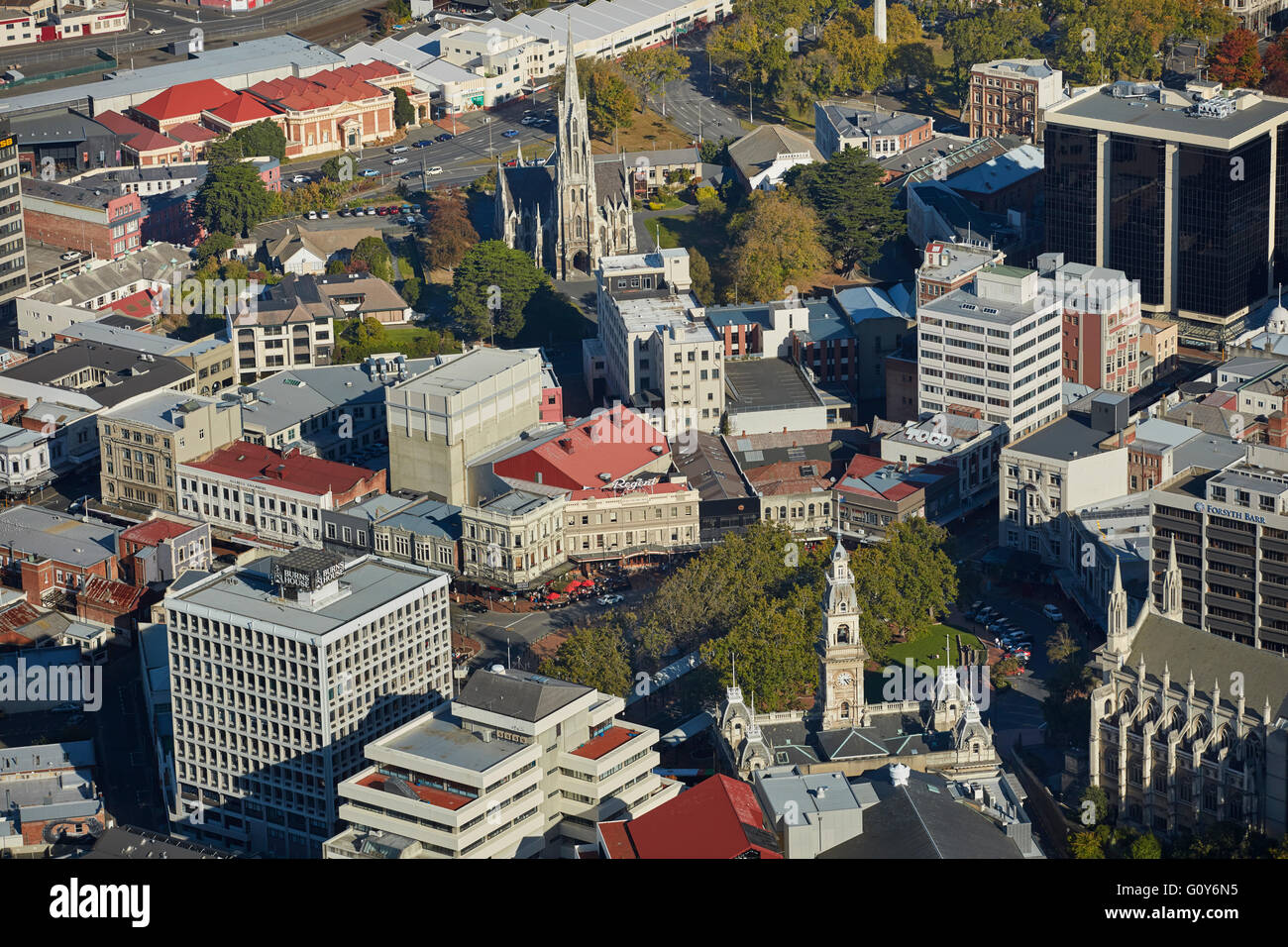 Octagon und First Church, Dunedin, Otago, Südinsel, Neuseeland - Antenne Stockfoto