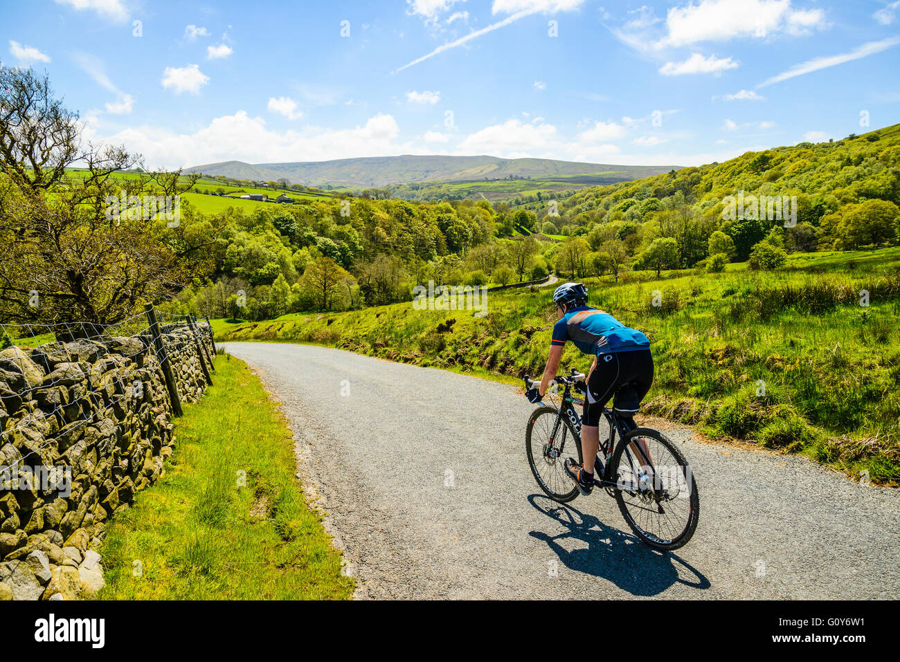 Weibliche Radfahrer in Roeburndale im Wald von Bowland Lancashire absteigend Stockfoto