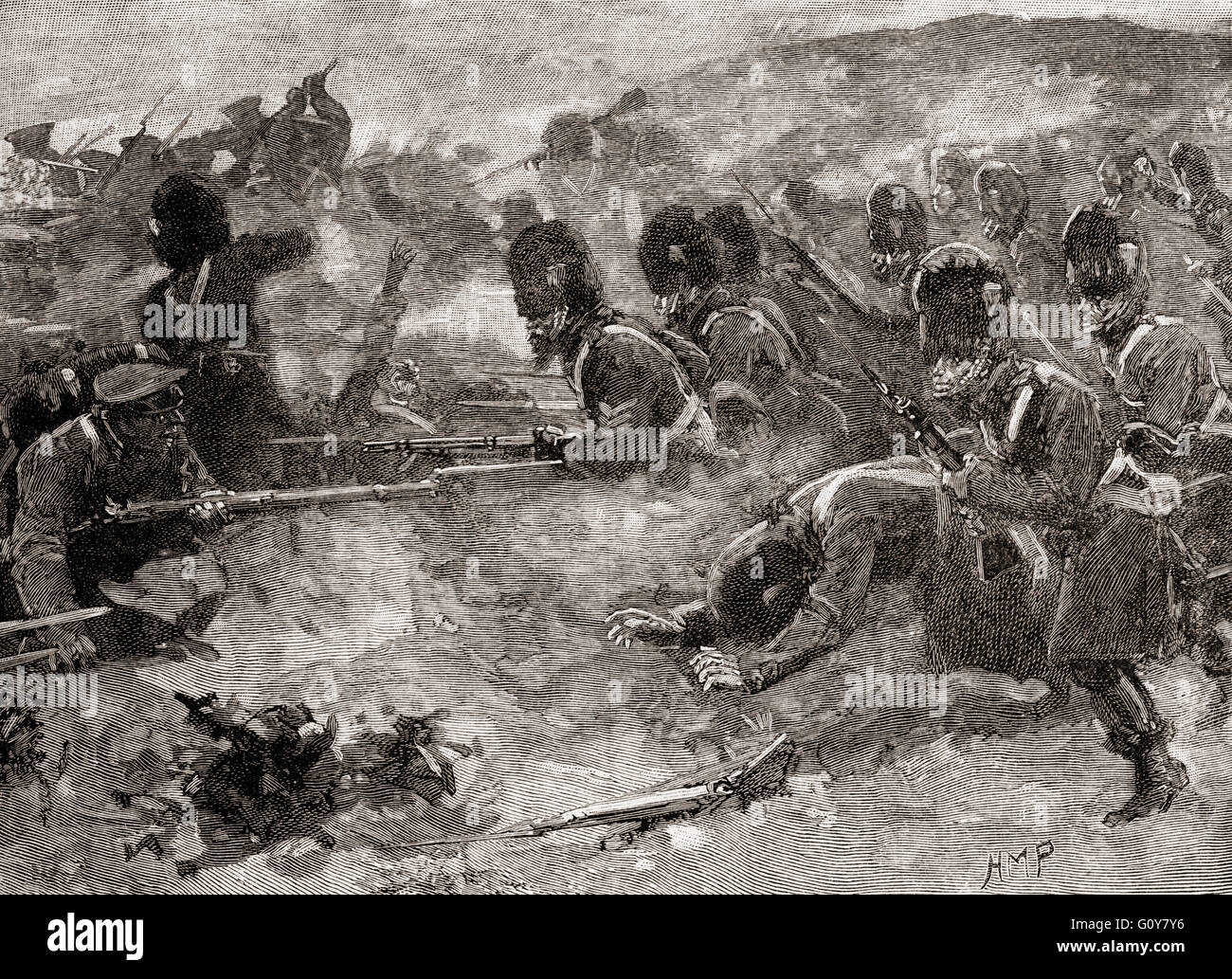 Britische Wachen erholt den Sandsack Akku bei der Schlacht von Inkerman, 5. November 1854, während des Krimkrieges. Stockfoto