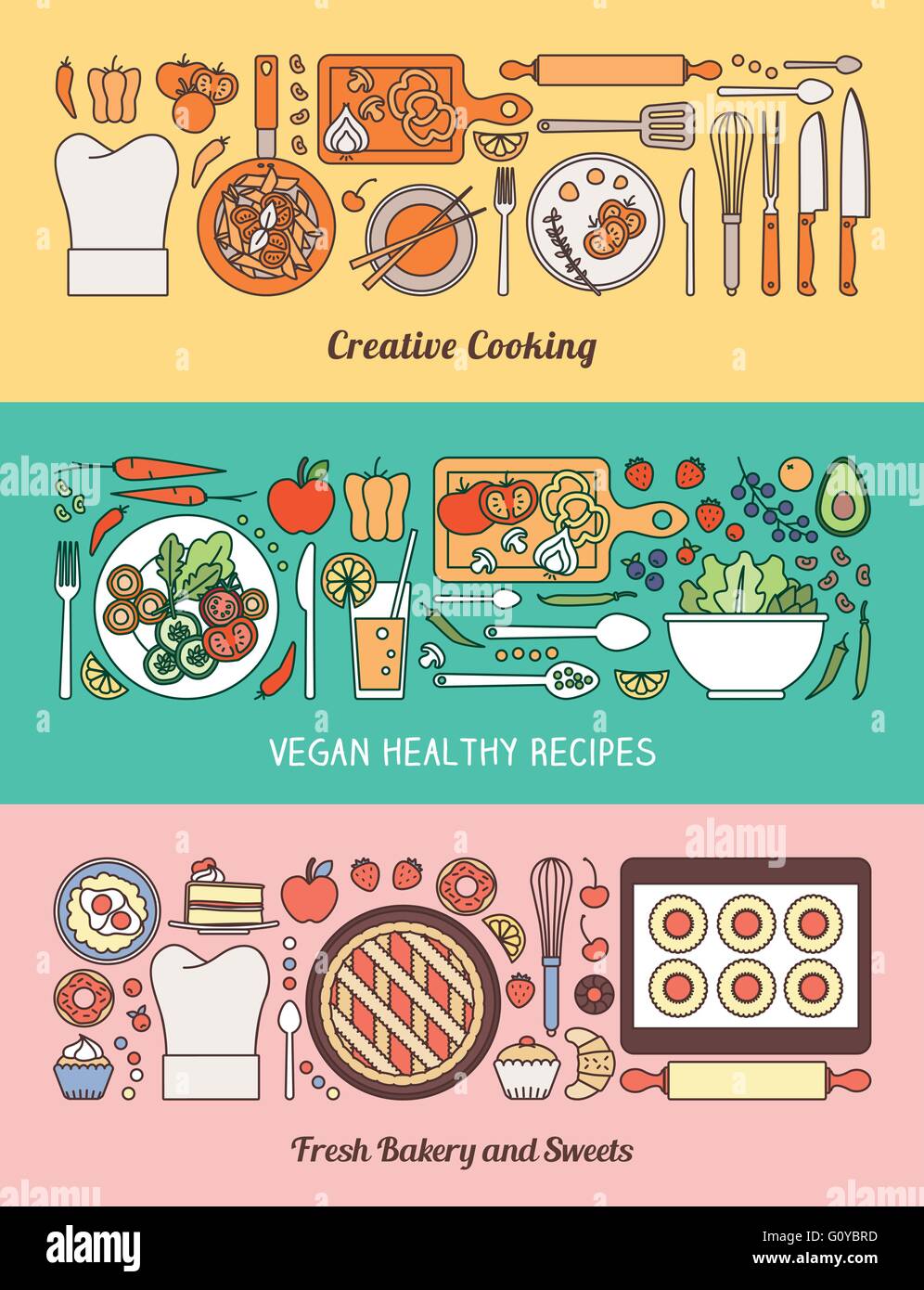 Essen, Kochen und gesunde Ernährung Banner mit Küchenutensilien, Rezepte, Gemüse und gebackene hausgemachte Süßigkeiten Stock Vektor