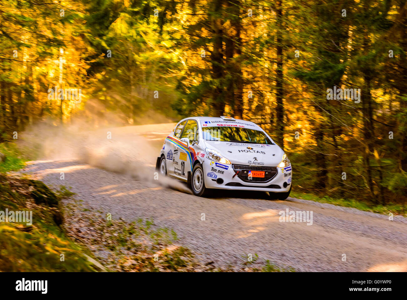 Karlskrona, Schweden. 6. Mai 2016. 41. Süd Schweden-Rallye ist auf in den wilden Wald Straßen außerhalb Karlskrona. Hier ist Erik Telehagen mit Copiloten Bjorn Jonasson aus Waxjo MS auf spezielle Straße Abschnitt 2 in ihren Peugeot 208 R2. Sie sind heutige Gewinner in der JSM Klasse nach insgesamt 4 Abschnitte unbeschnitten. Bildnachweis: Ingemar Magnusson/Alamy Live-Nachrichten Stockfoto
