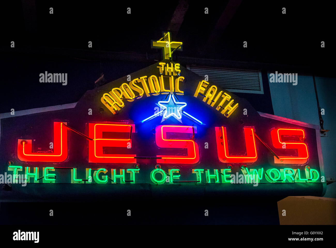 Jesus apostolischen Glaubens, Jahrgang Neon unterzeichnen MOV, Museum von Vancouver, Vancouver, Britisch-Kolumbien, Kanada Stockfoto