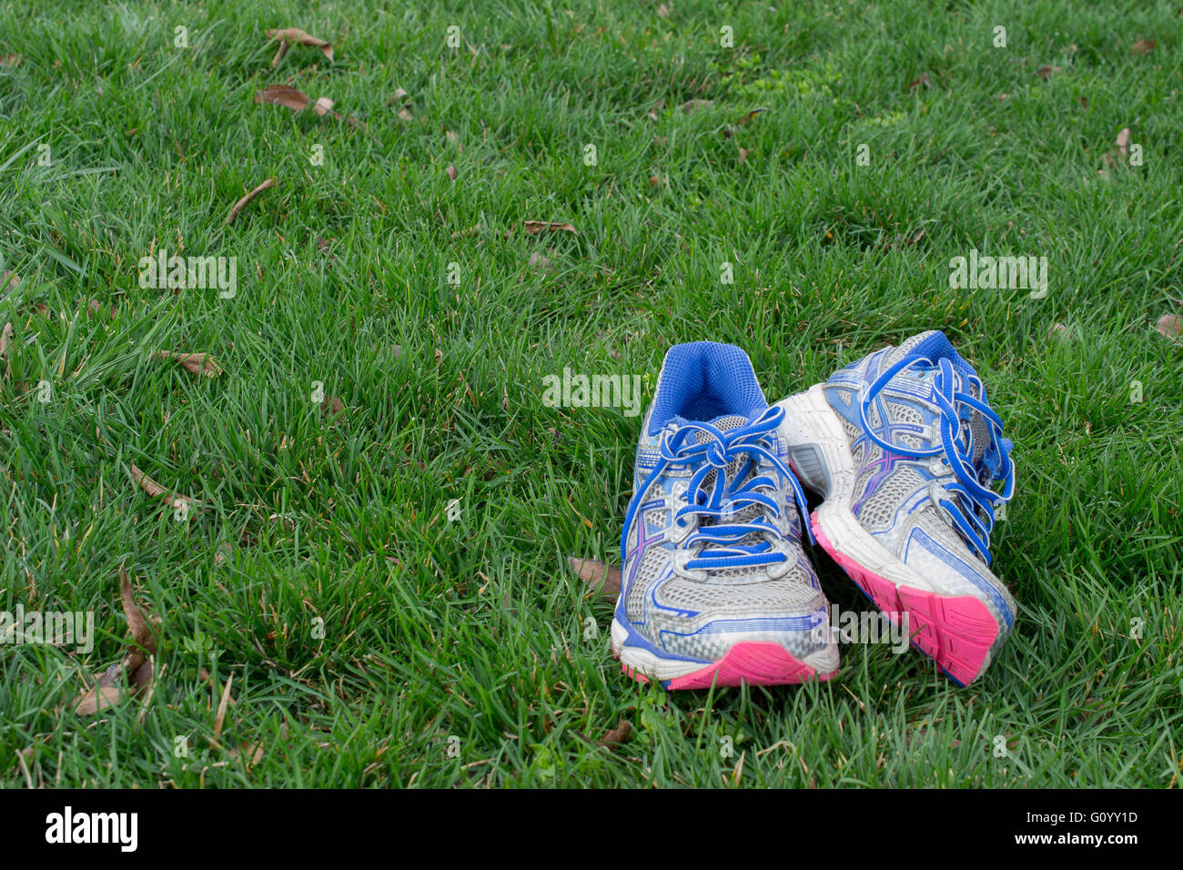 Paar alte Tennis Laufschuhe auf dem grünen Rasen. Obwohl laufen eine billige Übung betrachtet wird, gehen die Läufer durch ein neues Paar o Stockfoto