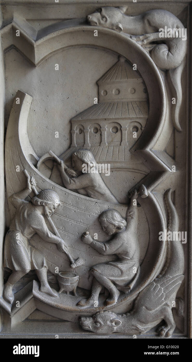 Relief. Genesis. Bau der Arche 13. c. La Sainte-Chapelle, Paris, Frankreich. Stockfoto