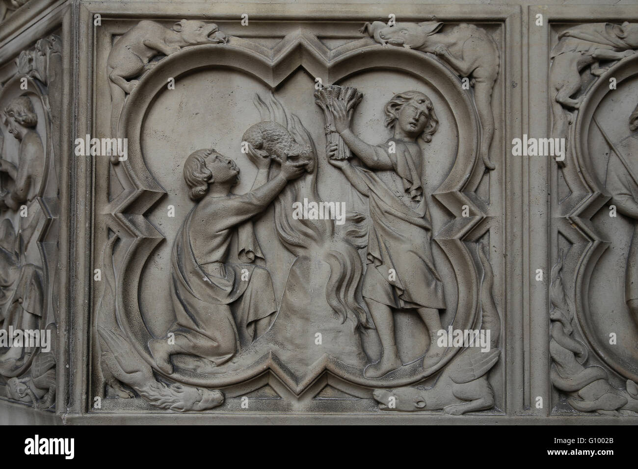 Die Opfer des Abel und Kain. Relief. 13. c. Basis des Portals der oberen Kapelle. Sainte-Chapelle, Paris. Frankreich. Stockfoto