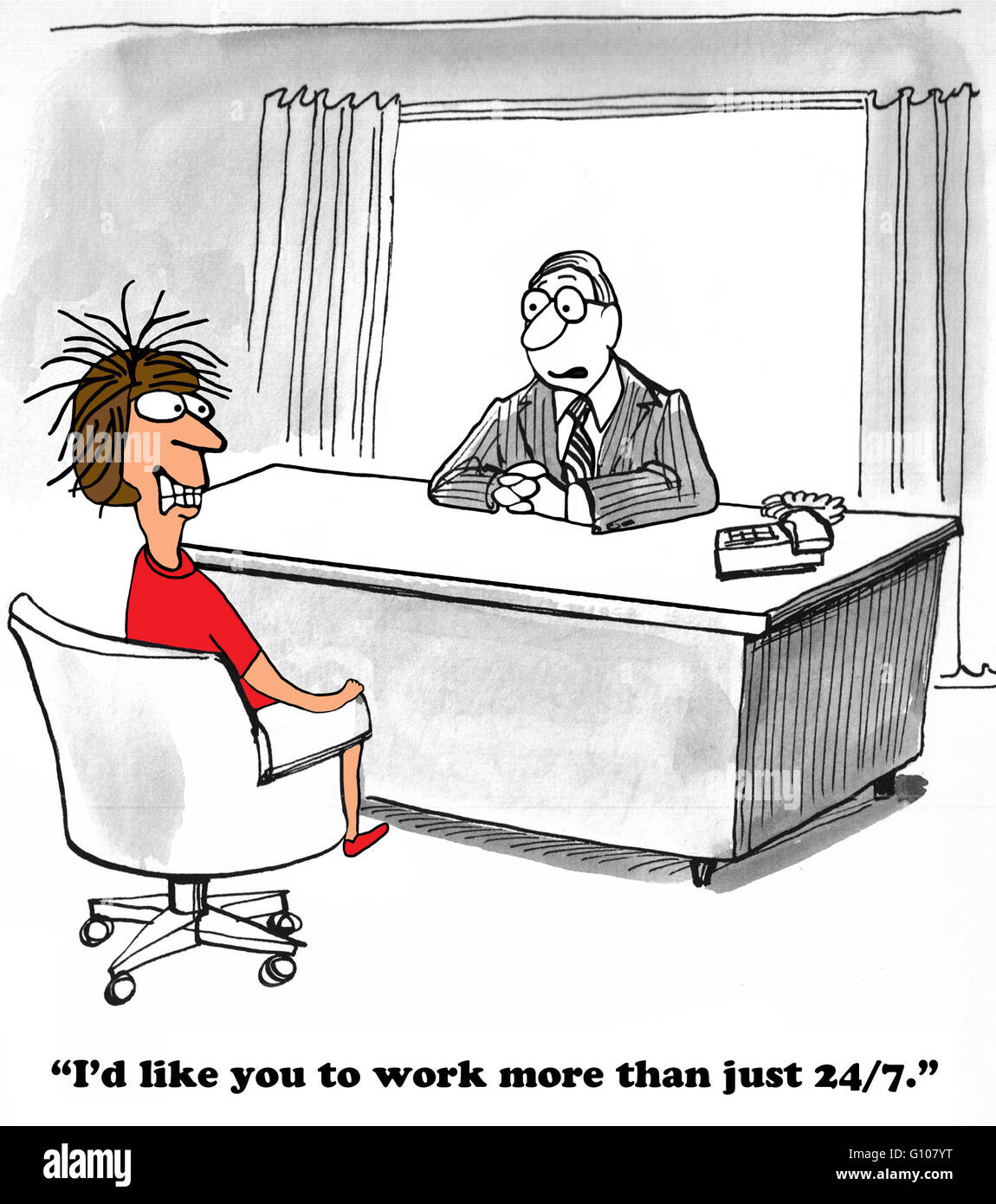 Geschäft Karikatur über einen Chef, sehr unrealistisch hat, Arbeit Stunde Erwartungen. Stockfoto