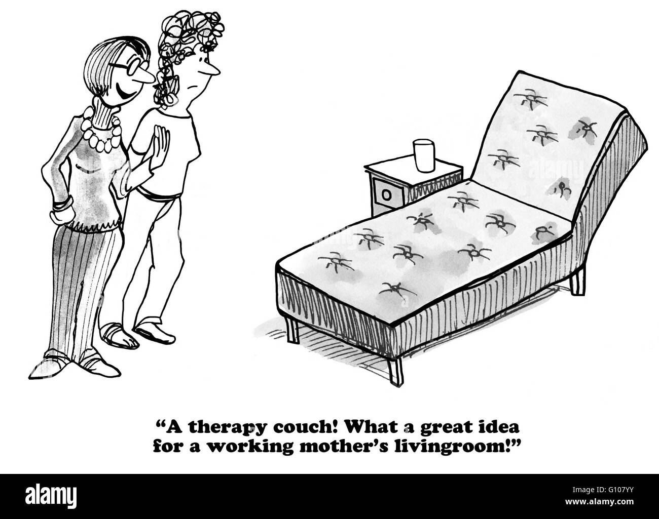 Geschäftliche Cartoon über Berufstätige Mütter fühlen sich schuldig für die Arbeit zu viele Stunden bei der Arbeit. Stockfoto