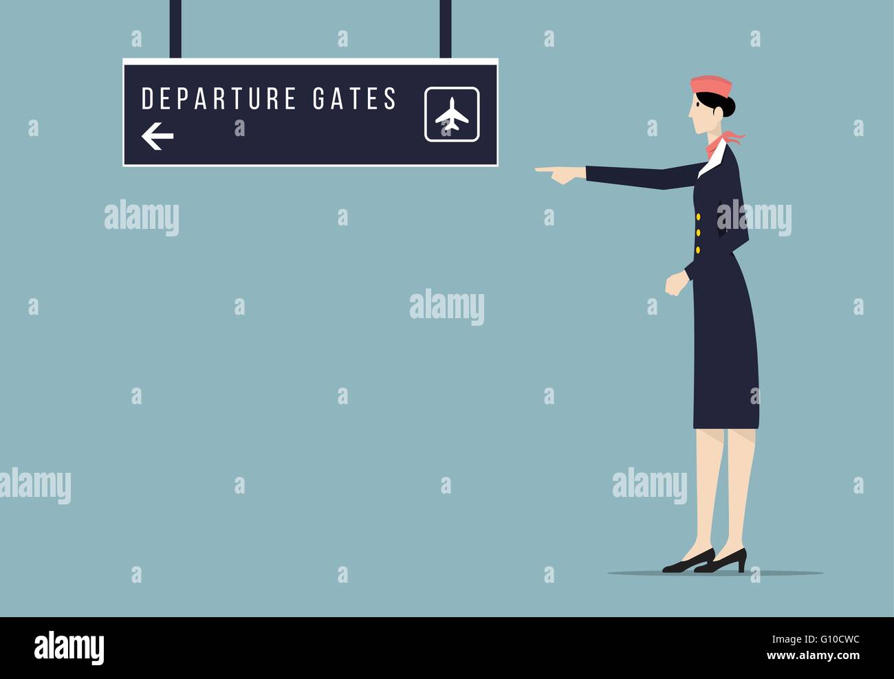 Stewardess zeigt Abflug-Gate-Schild. Stock Vektor