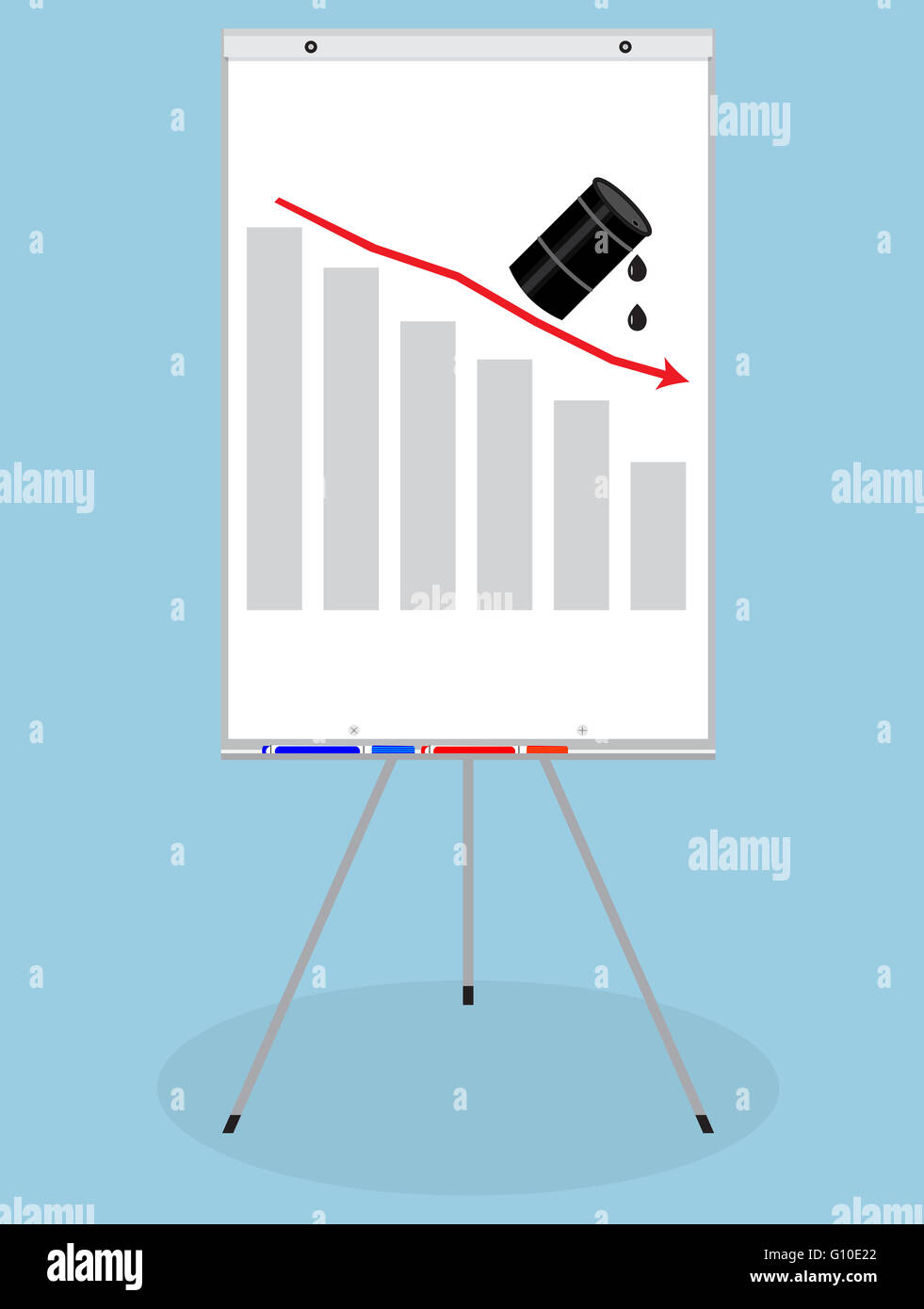 Whiteboard-Banner mit Öl in Grafik. Kraftstoff-Öl-Industrie-Geschäft und nach unten fallen, Petroleum oder Benzin. Vektor-flach-desig Stockfoto