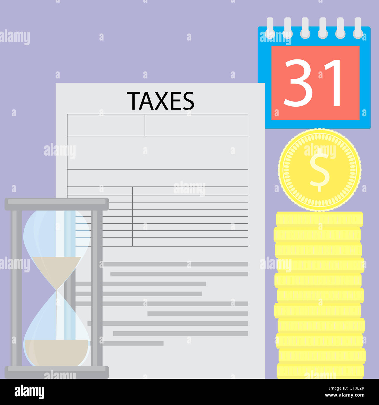 Steuer-Tag-Konzept-Zeit ist Geld. Steuern und steuerliche Erstattung, Form und Zahltag Steuerzeit, Budget-Münze und Sanduhr. Vektor flaches Design illu Stockfoto