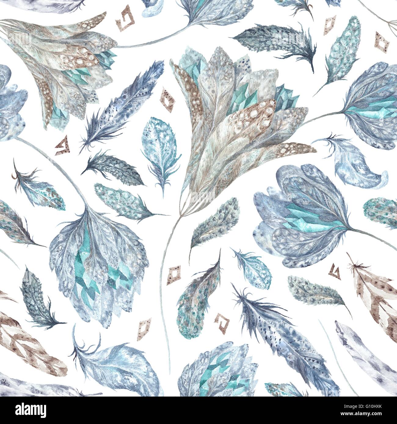 Nahtlose Textur mit Federn, Blumen und Kristalle isoliert auf weißem Hintergrund für Textil-und Tapete Stockfoto