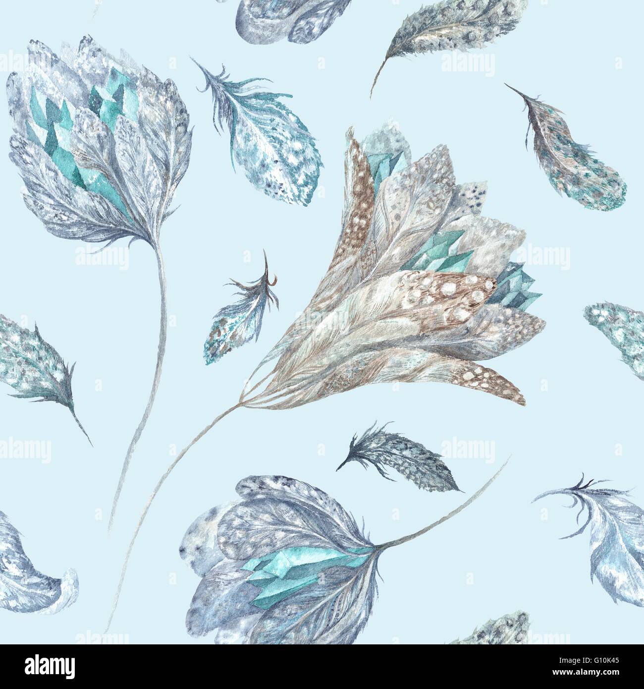 Nahtlose Boho chic Textur mit Federn, Blumen und Kristalle auf blauem Hintergrund für Textil-und Tapete Stockfoto