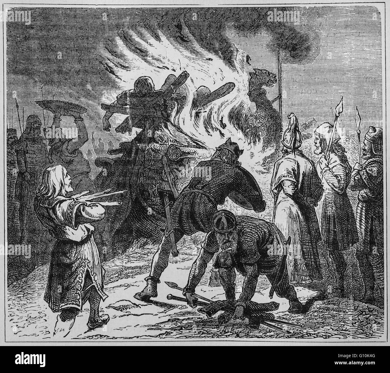 Rituelle Verbrennung der Viking Chief auf einem Drachen-Schiff, im 9. Jahrhundert in England. Stockfoto