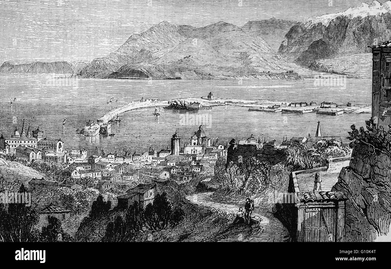 19. Jahrhundert-Ansicht von Messina in Provinz von Messina auf Sizilien, Italien. Im 8. Jahrhundert v. Chr. von griechischen Kolonisten gegründet. Stockfoto
