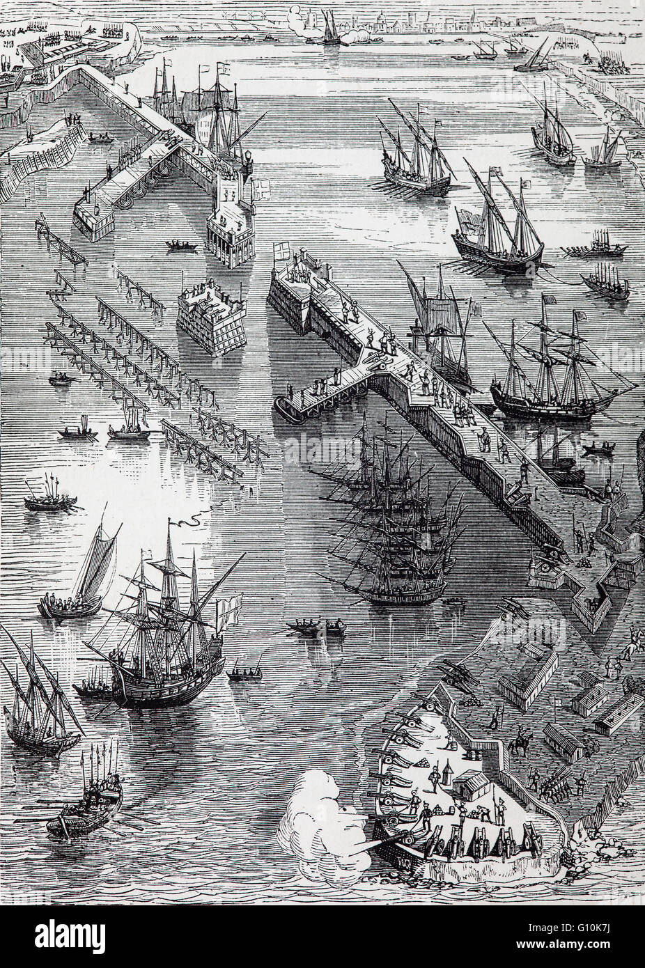 Die Belagerung von La Rochelle oder Le Grand Siège De La Rochelle während des Krieges zwischen der französischen königlichen Kräfte von Louis XIII von Frankreich und die Hugenotten von La Rochelle 1627 / 28. Stockfoto