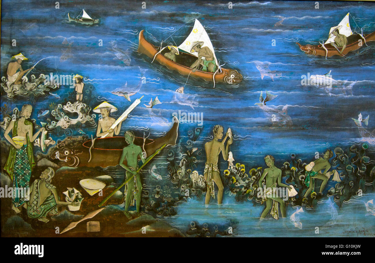 Traditionelle balinesische Malerei Looking für Fische im Meer Künstler Ketut Regis 1955 Fine Arts Ubud Bali Indonesien Stockfoto