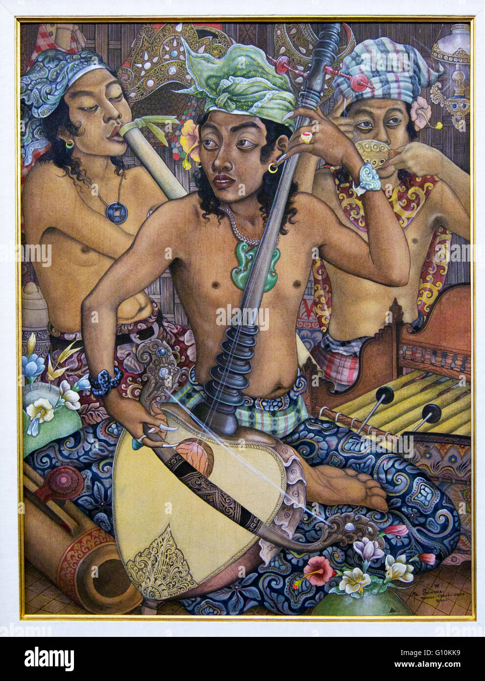 Traditionelle balinesische Malerei The Fiddle Spieler Künstler Made Sukada 1975 Fine Arts Ubud Bali Indonesien Stockfoto