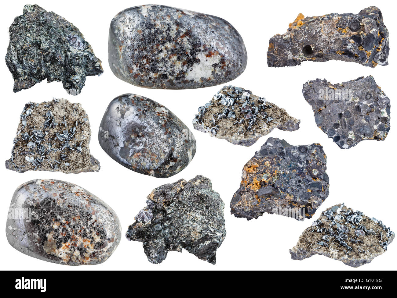 Reihe von verschiedenen Magnetit natürliche Mineralien, Erz, Felsen und Edelsteine isoliert auf weißem Hintergrund Stockfoto