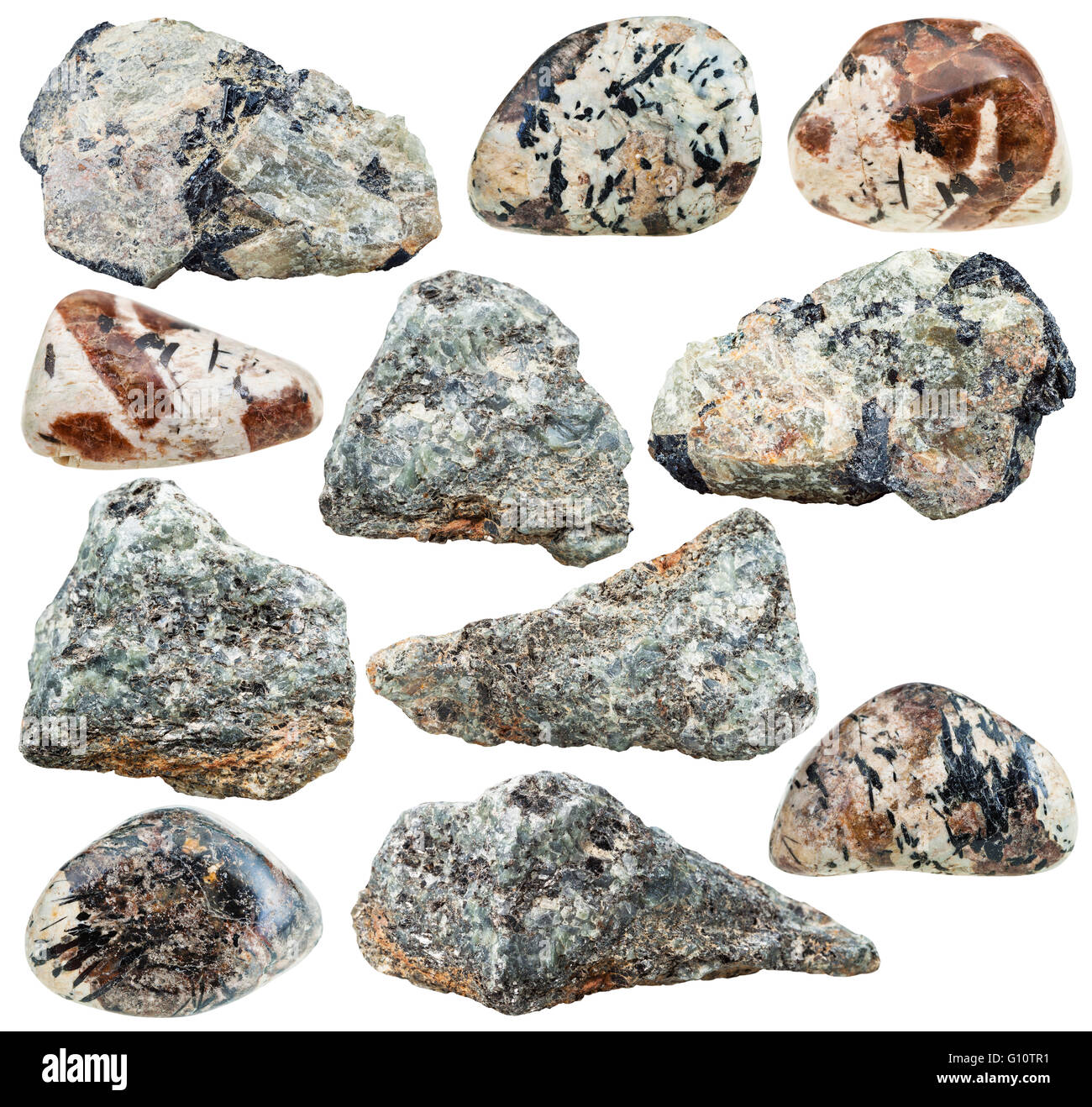 Reihe von verschiedenen Nepheline (Nephelite) natürlichen mineralischen Steinen und Felsen, die isoliert auf weißem Hintergrund Stockfoto