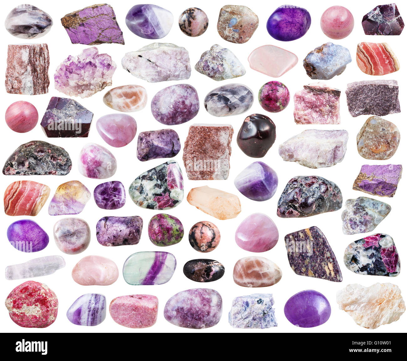 Satz von lila natürliche Mineralien und Edelsteine, die isoliert auf weißem  Hintergrund Stockfotografie - Alamy