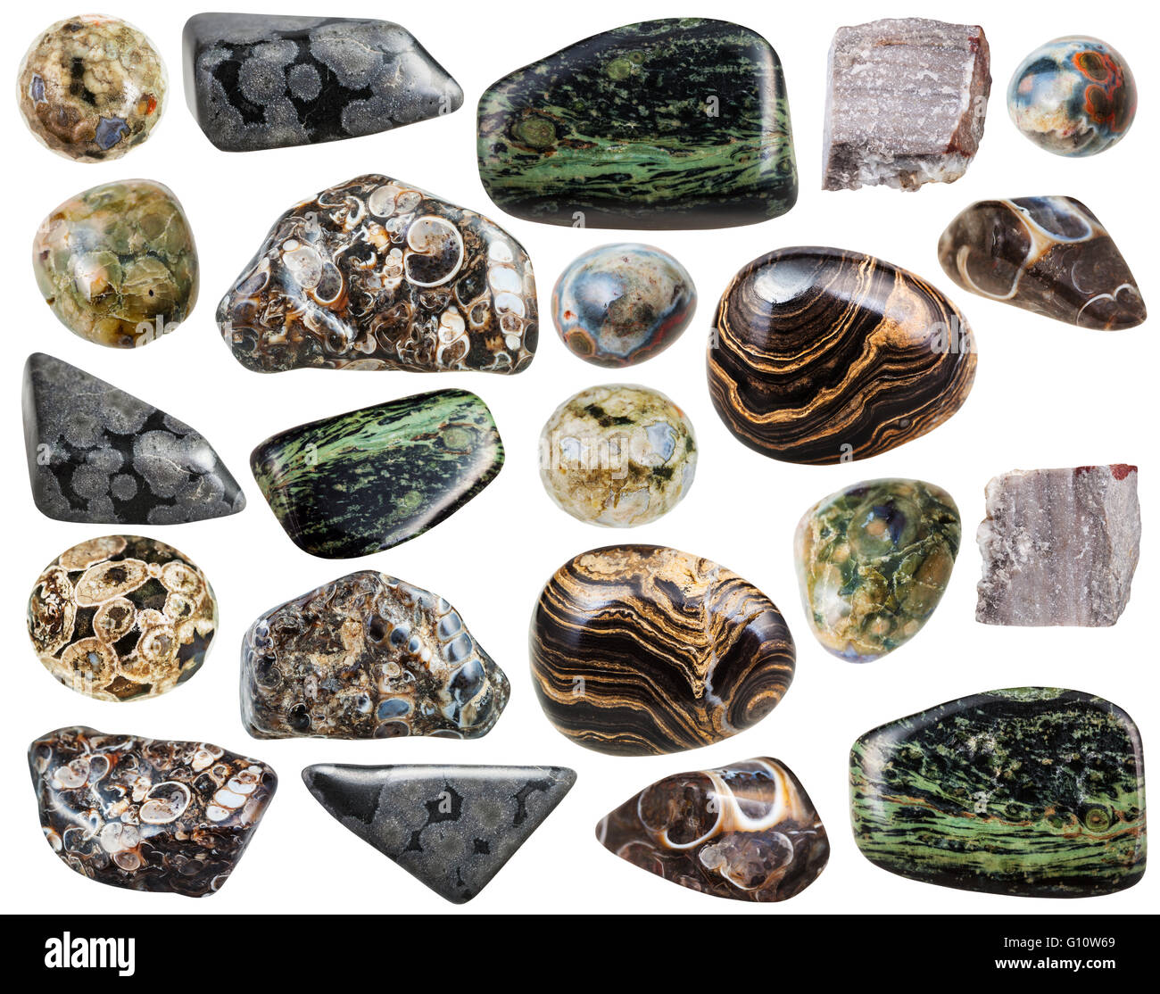 Reihe von verschiedenen natürlichen Rhyolith Mineralien und Edelsteine, die isoliert auf weißem Hintergrund Stockfoto