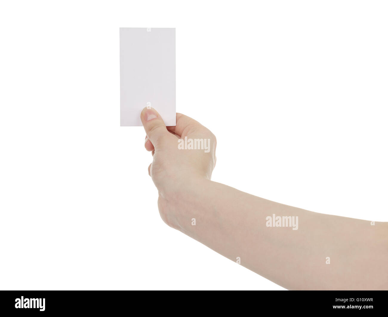 junge Frau Hand halten und mit leeren Papier-Karte Stockfoto