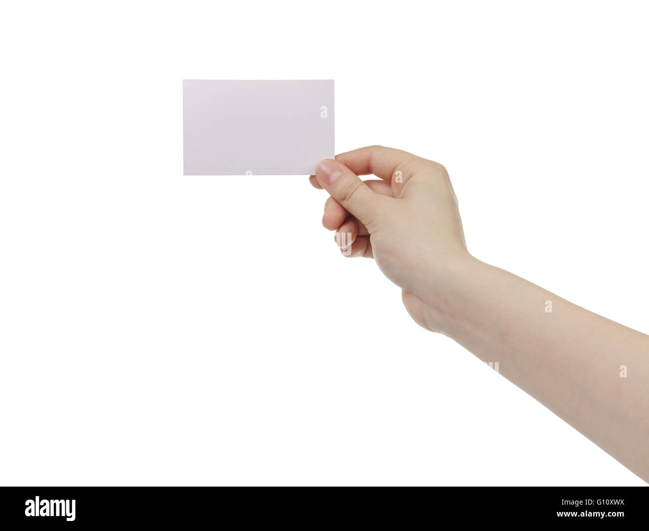 junge Frau Hand halten und mit leeren Papier-Karte Stockfoto