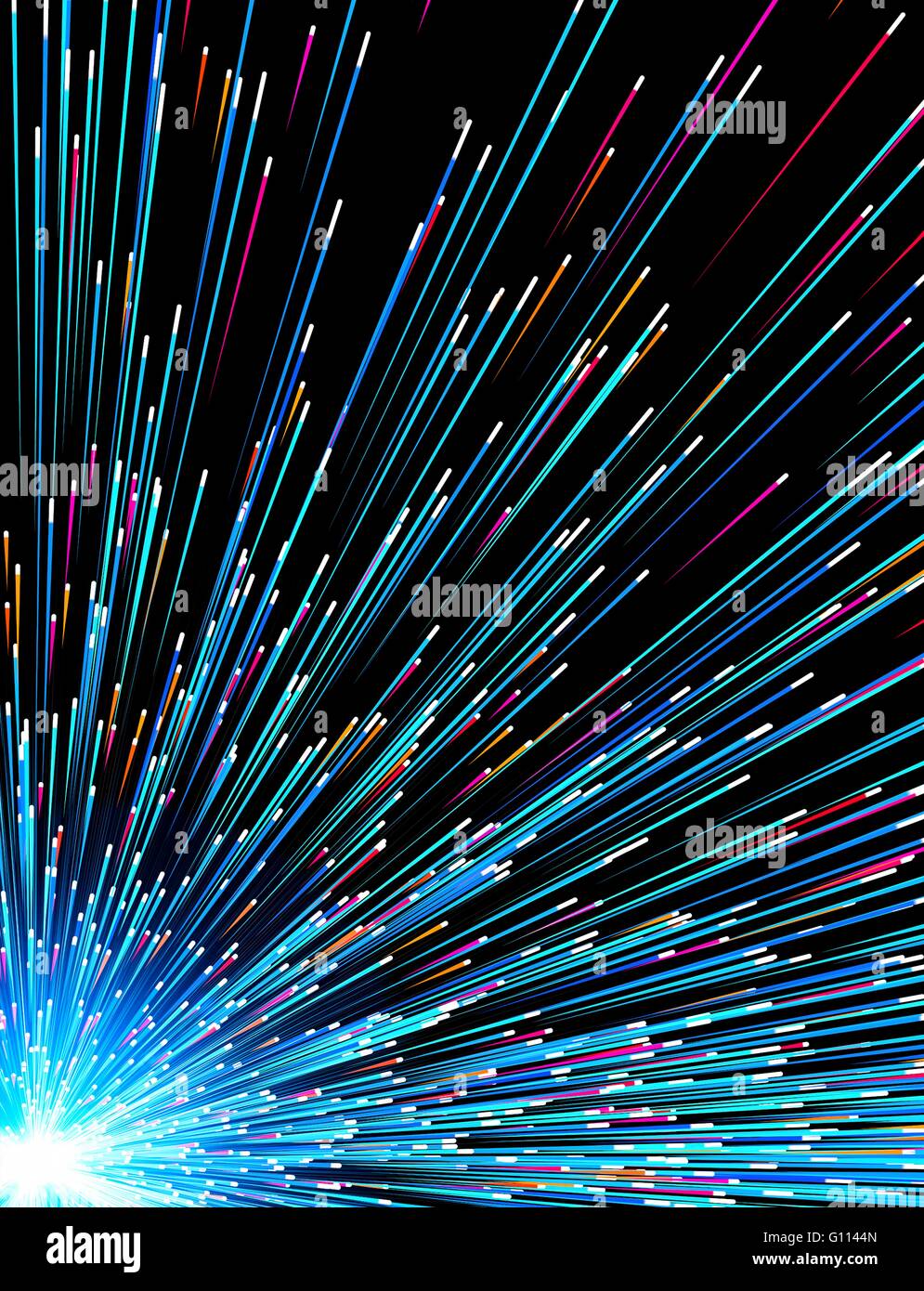 Konzeptionelle Computer Artwork der Partikelemission Strahlen. Dies könnte Reisen in der Nähe von der Geschwindigkeit der Teilchen der kosmischen Lichtstrahlen darstellen. Stockfoto