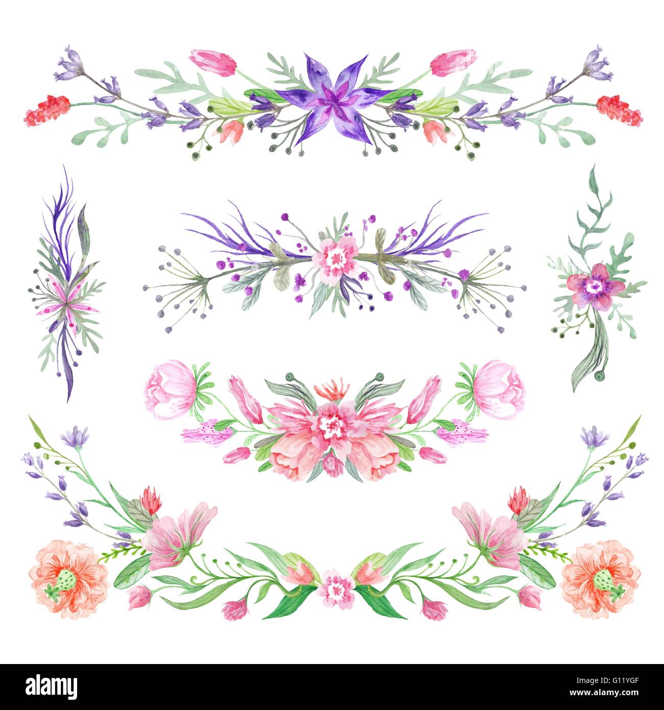 Satz von botanischen helle floristische Vignette Kompositionen isoliert auf weißem Hintergrund für Hochzeit, Event-design Stockfoto