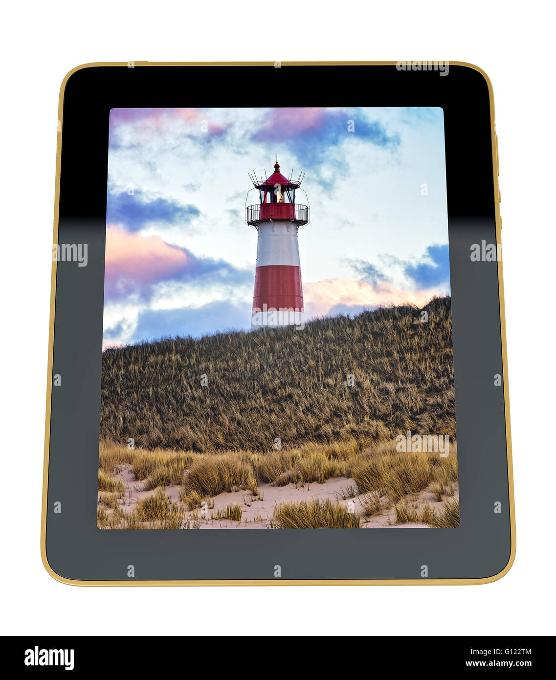 3D Illustration - Tablet mit Leuchtturm auf dem Display - Leuchtturm auf Sylt, Deutschland Stockfoto