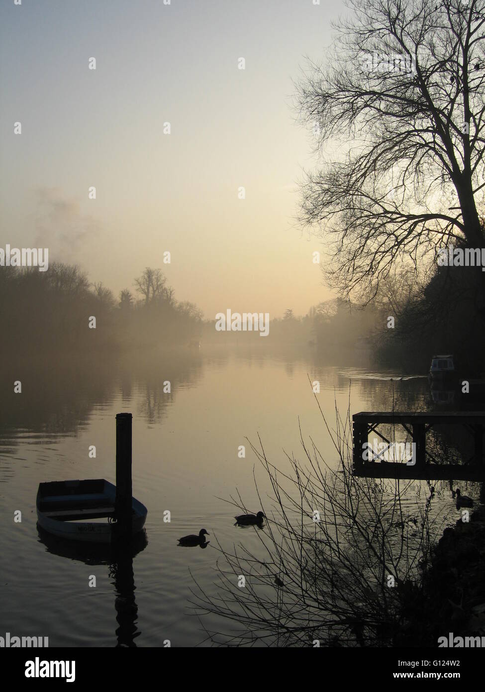 Sonnenuntergang über der Themse, in der Nähe von Maidenhead mit Nebel zu bilden auf dem Fluss und einem halb versunkenen Ruderboot ab Stockfoto